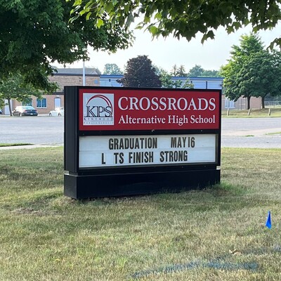 Sign outside Crossroads Alternative High School at 28 60th Street SE