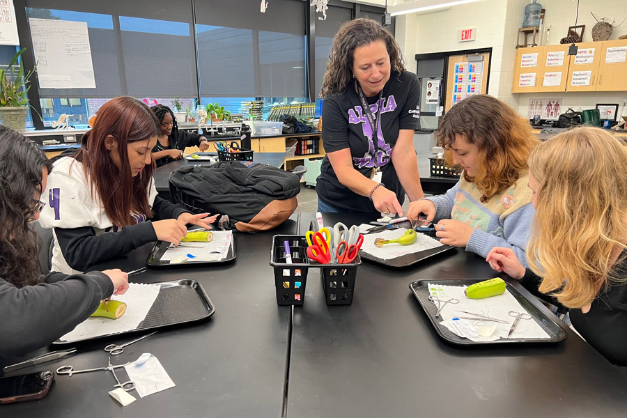 Teacher showing students stitching techniques